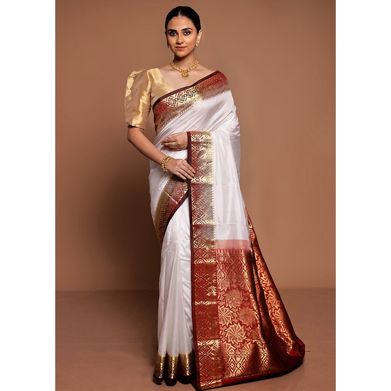 White Handloom Kanjivaram Pure Silk Saree With Blouse Piece - JD986589396