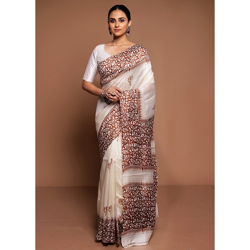 White Printed Pure Silk Saree Without Blouse Piece - JD986589395