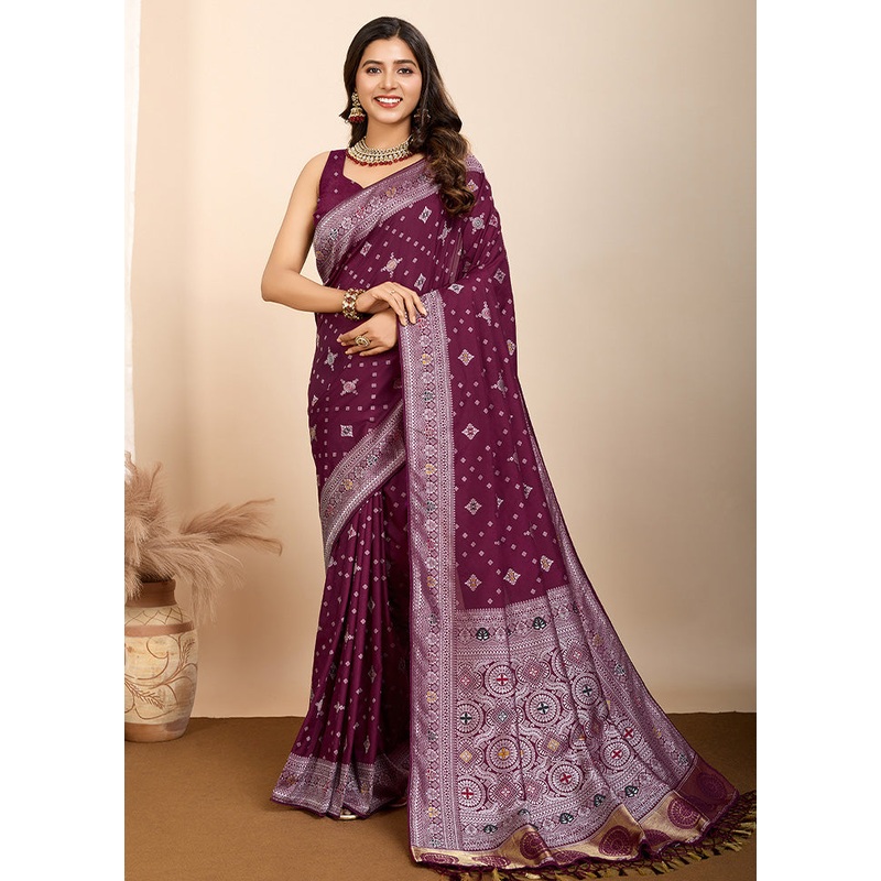 Wine Spun Silk Saree With Blouse Piece - JD986589374