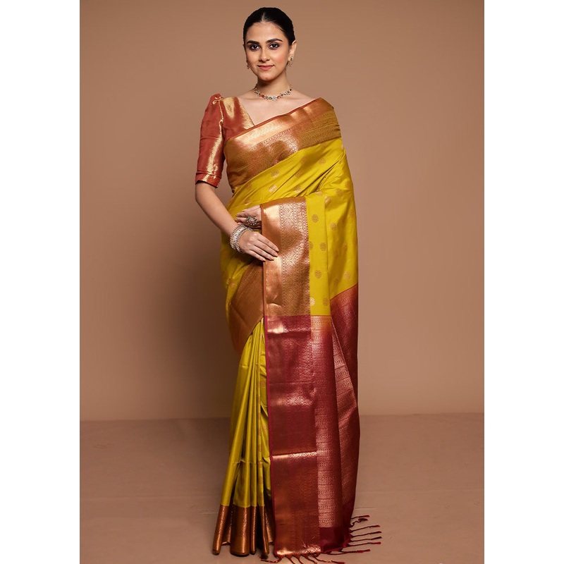 Yellow Dupion Silk Saree With Blouse Piece - JD986589392