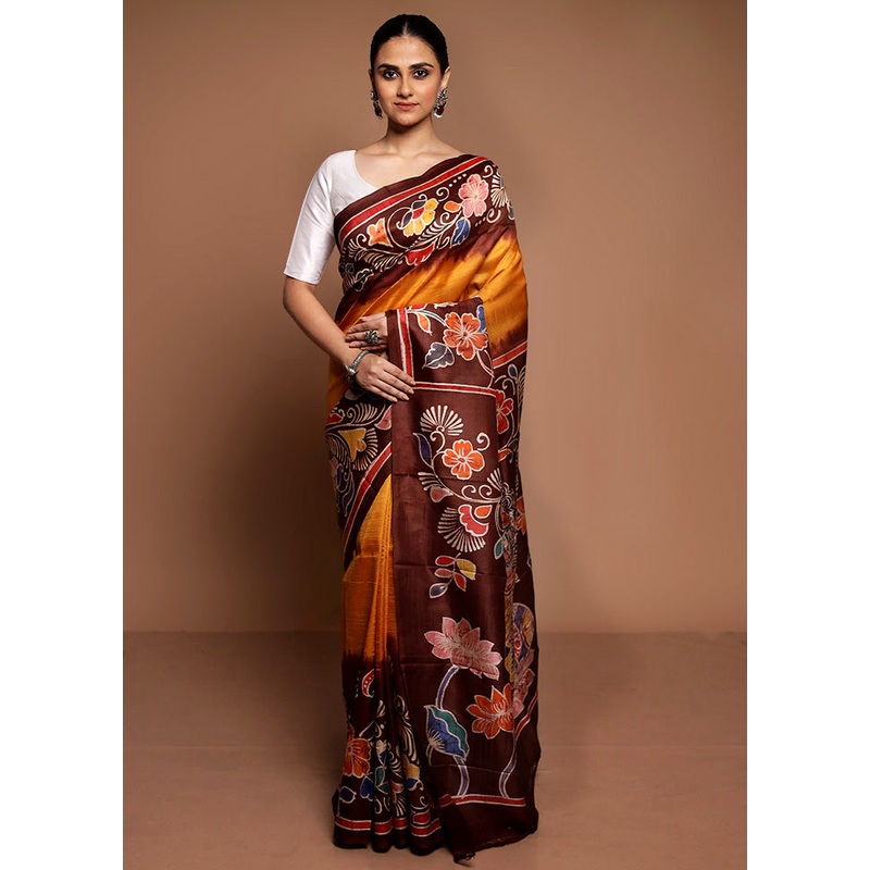 Yellow Printed Pure Silk Saree Without Blouse Piece - JD986589389