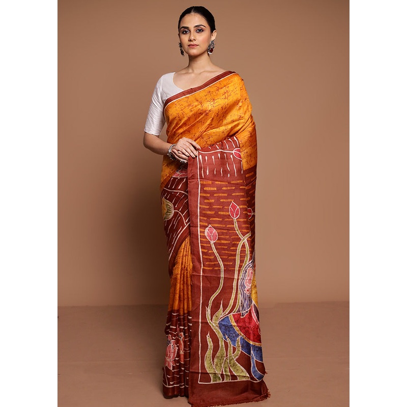 Yellow Printed Pure Silk Saree Without Blouse Piece - JD986589390