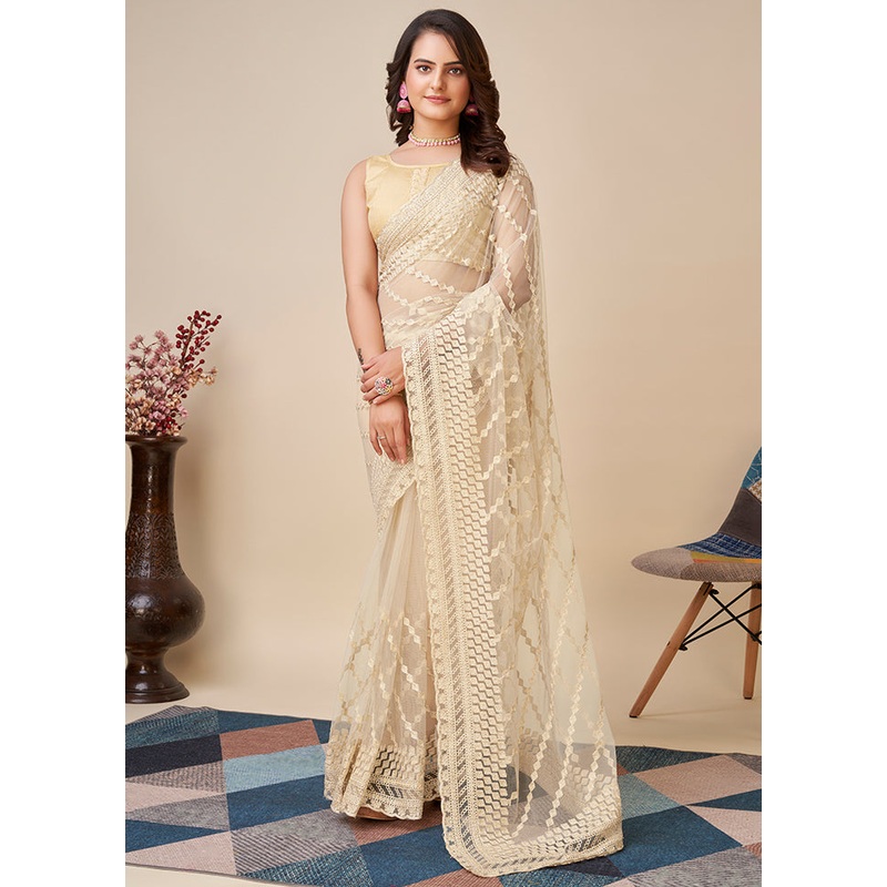 Beige Net Saree With Blouse Piece - JD986589076