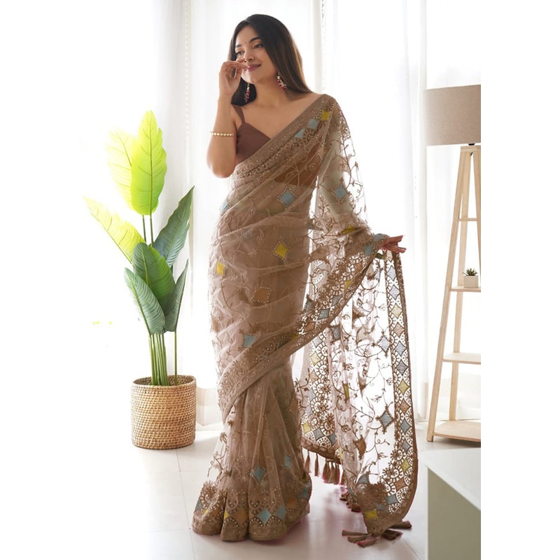 Beige Organza Saree With Blouse Piece - JD986589077