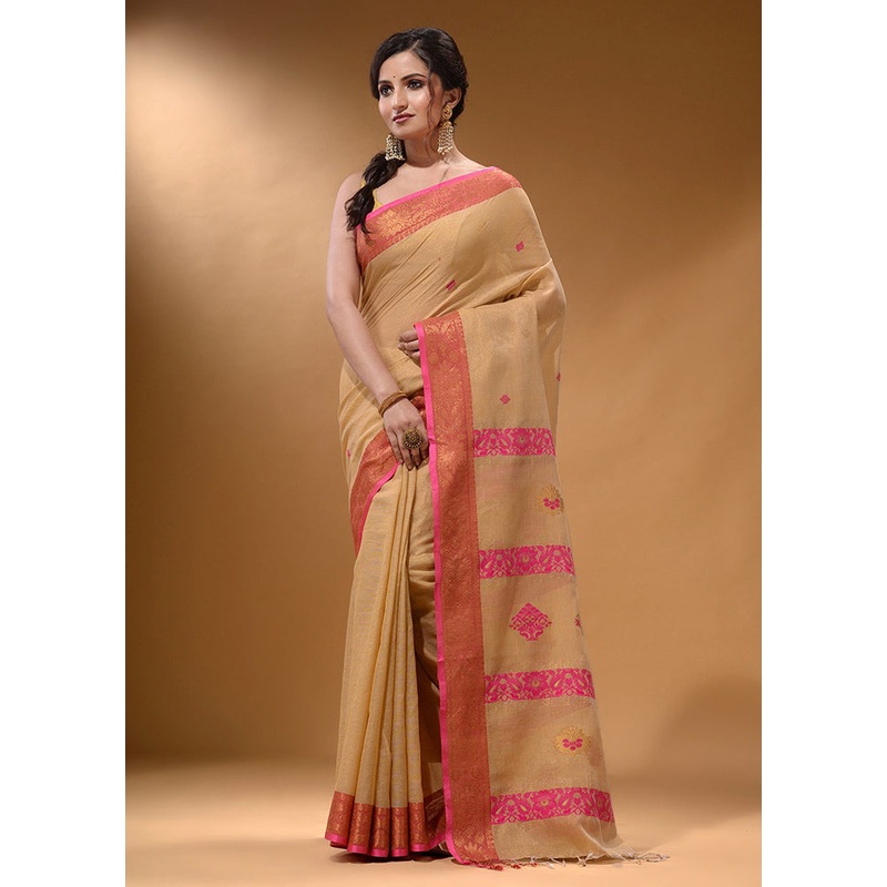 Beige Pure Cotton Saree With Blouse Piece - JD986589079