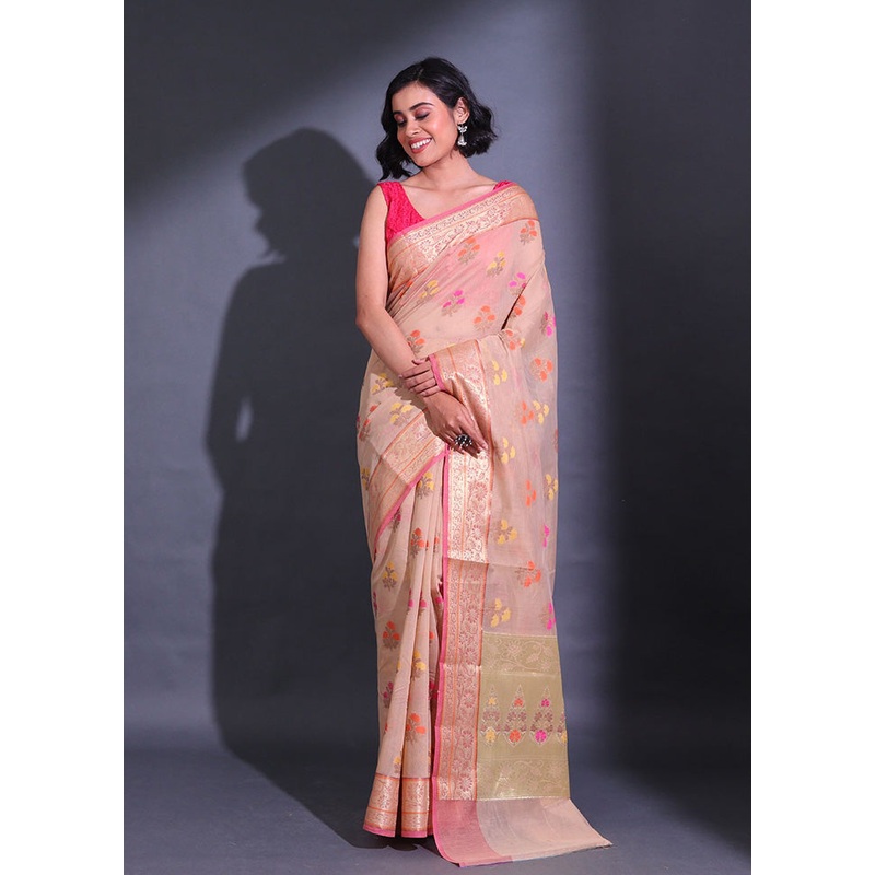 Beige Pure Cotton Saree With Blouse Piece - JD986589080