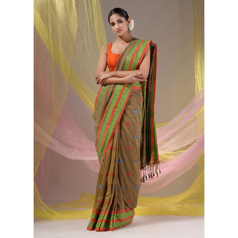 Beige Pure Cotton Saree With Blouse Piece - JD986589081
