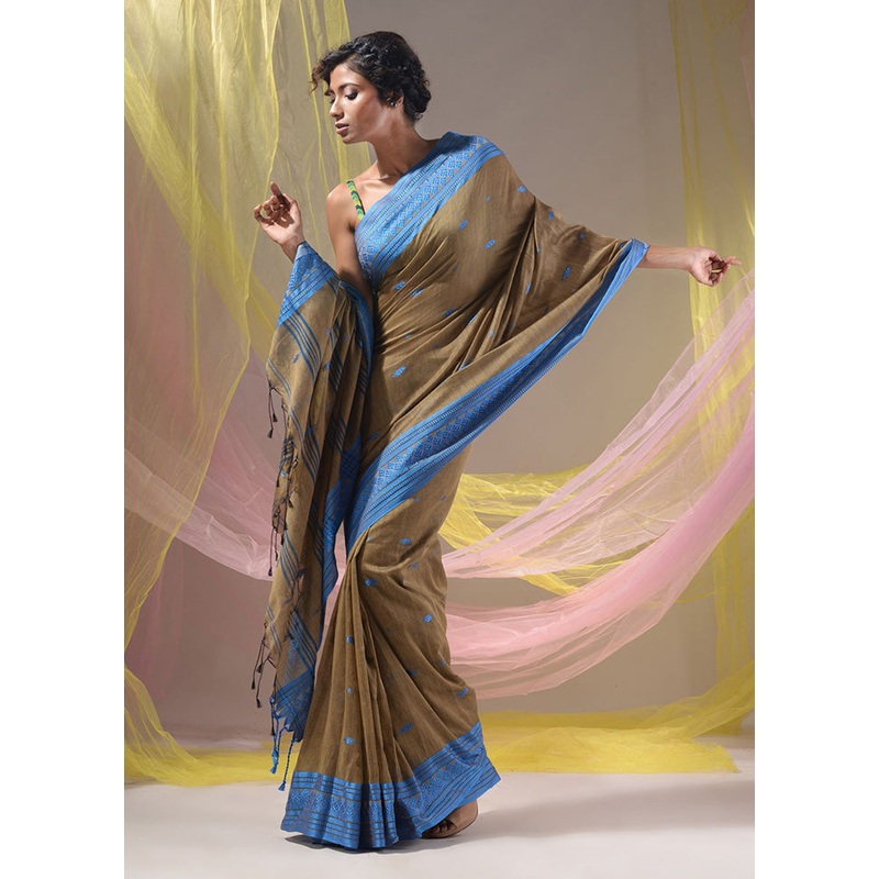 Beige Pure Cotton Saree With Blouse Piece - JD986589082