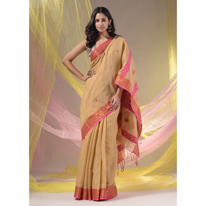 Beige Pure Cotton Saree With Blouse Piece - JD986589083