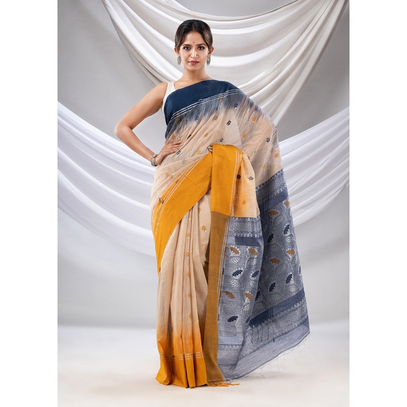 Beige Pure Cotton Saree With Blouse Piece - JD986589084