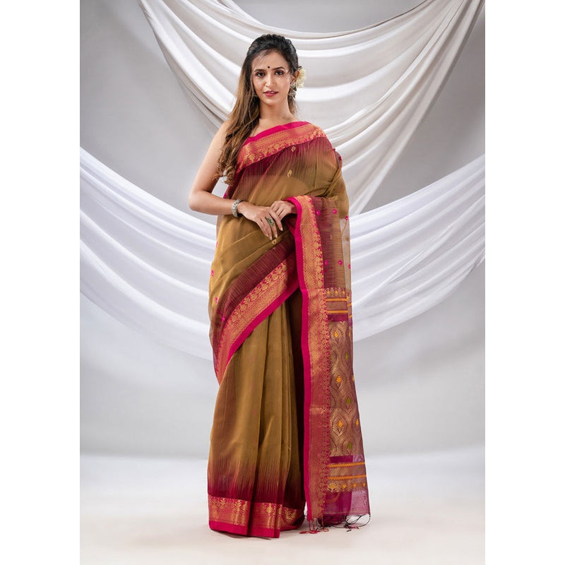 Beige Pure Cotton Saree With Blouse Piece - JD986589085