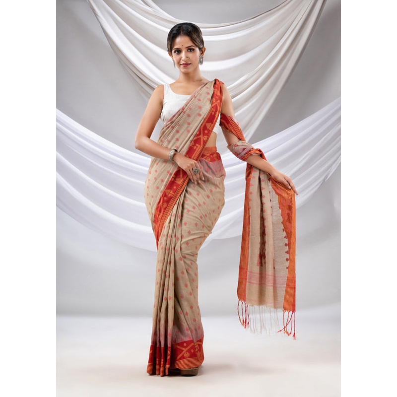 Beige Pure Cotton Saree With Blouse Piece - JD986589086