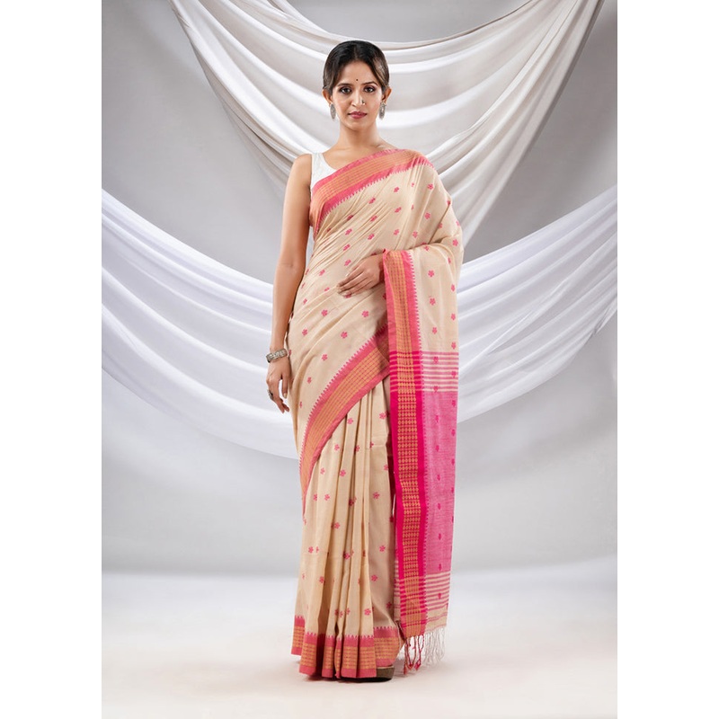 Beige Pure Cotton Saree With Blouse Piece - JD986589087