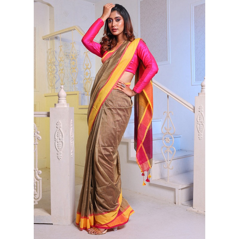 Beige Pure Cotton Saree With Blouse Piece - JD986589088