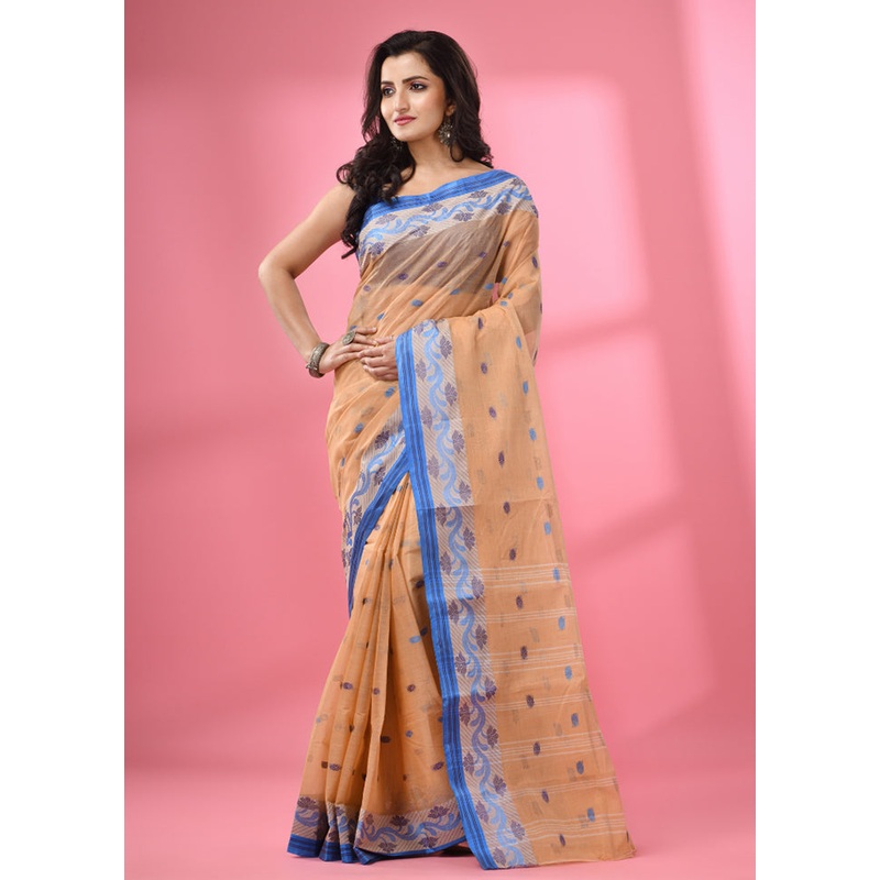 Beige Pure Cotton Saree With Blouse Piece - JD986589093