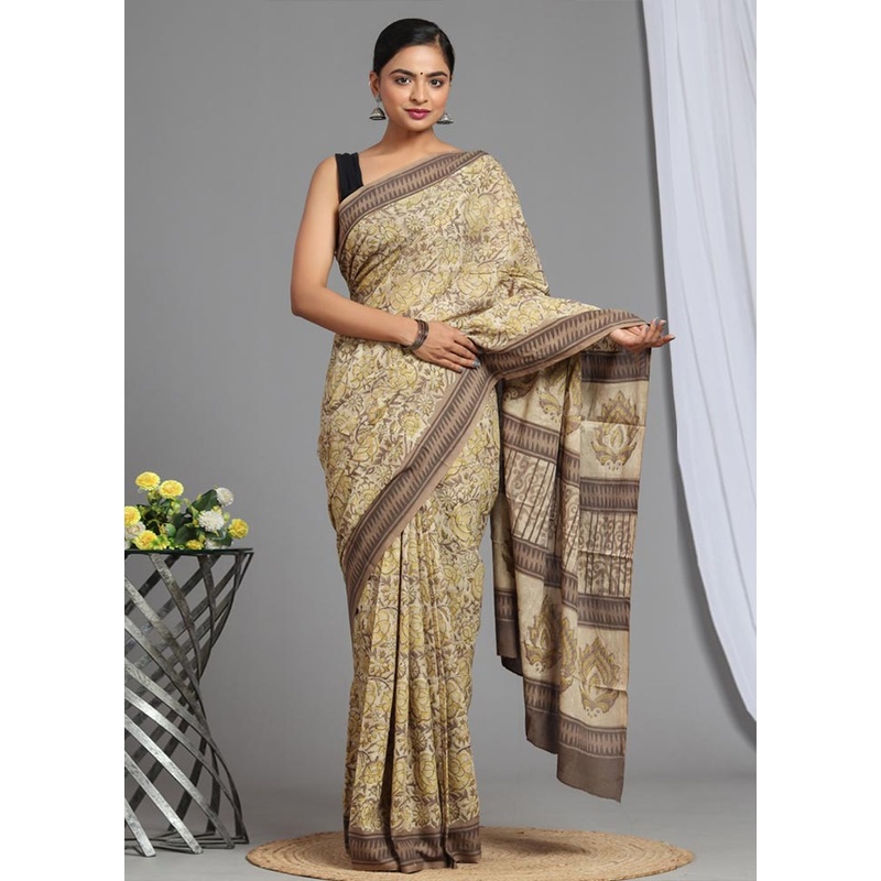 Beige Pure Cotton Saree With Blouse Piece - JD986589101