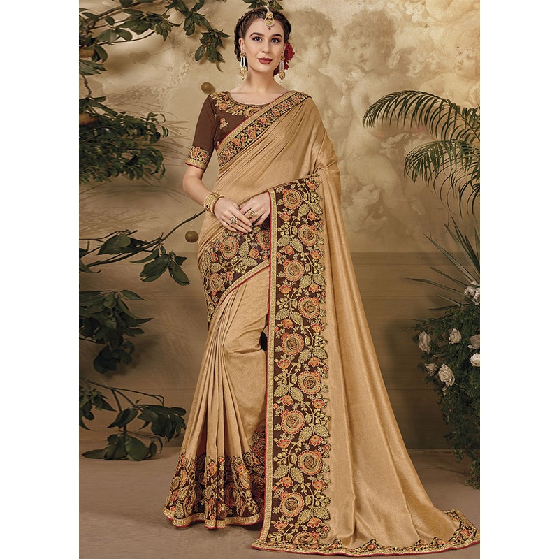 Beige Silk Saree With Blouse Piece - JD986589103