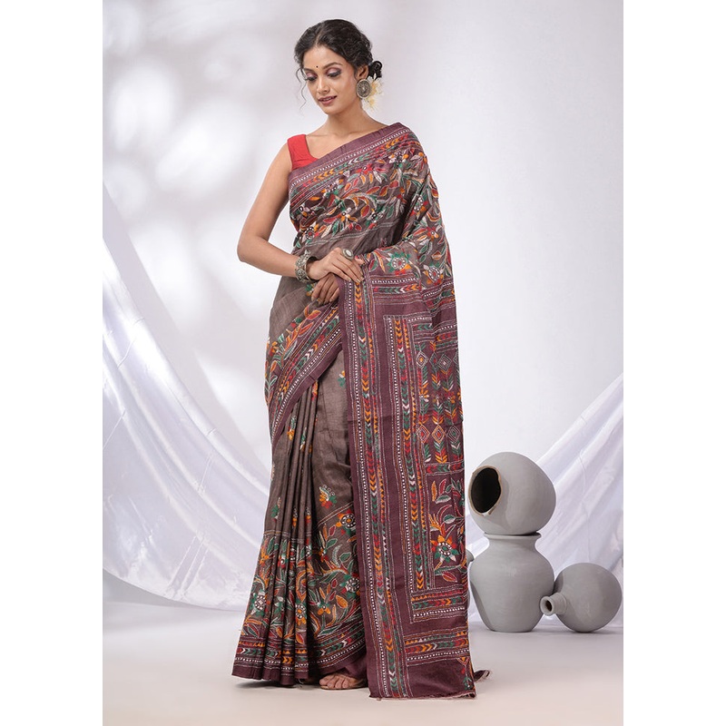 Beige Spun Pure Silk Saree With Blouse Piece - JD986589104