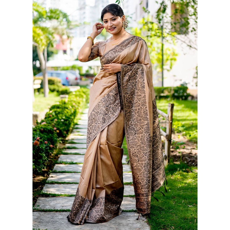 Beige Spun Silk Saree With Blouse Piece - JD986589105
