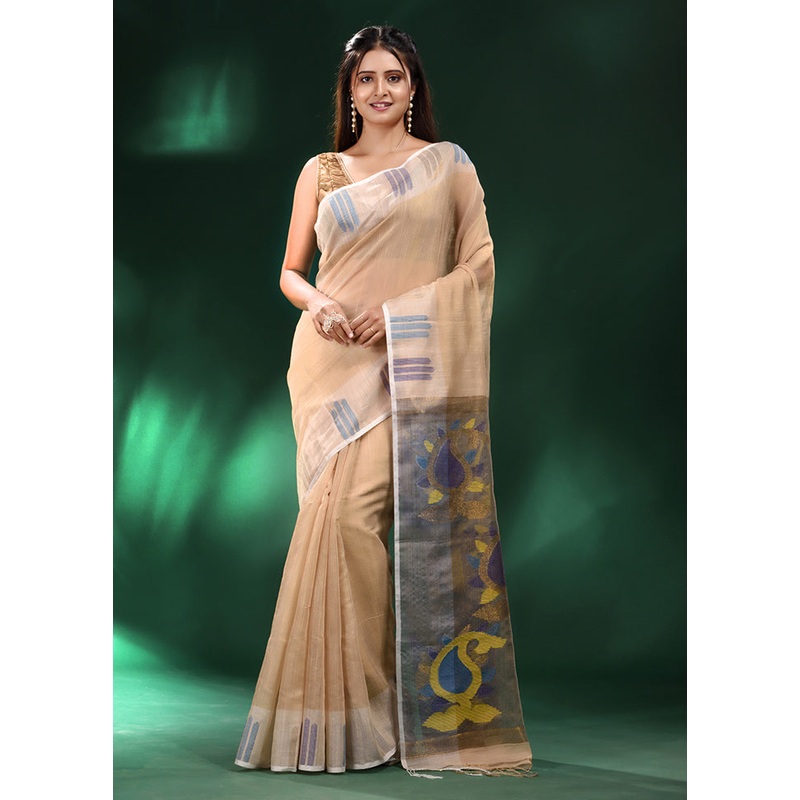 Beige Spun Silk Saree With Blouse Piece - JD986589108