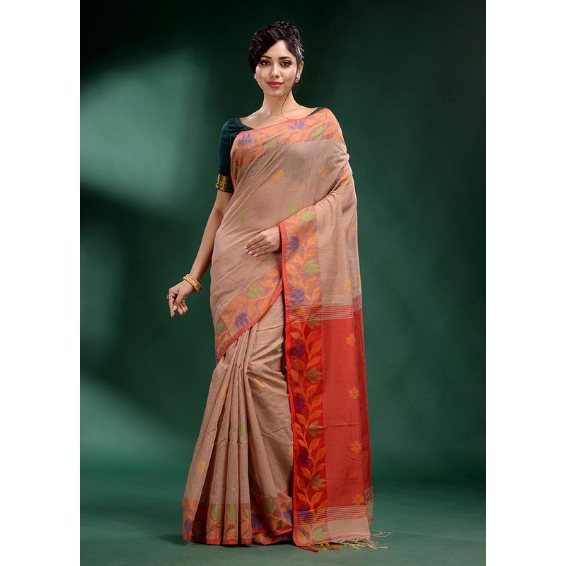 Beige Spun Silk Saree With Blouse Piece - JD986589109