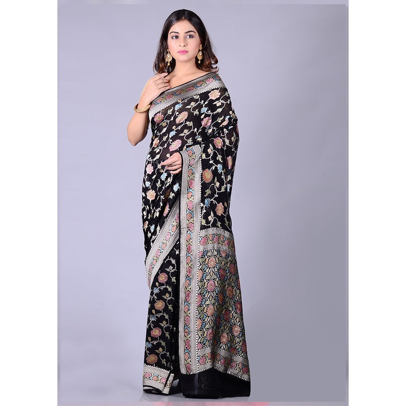 Black Chiffon Pure Silk Saree With Blouse Piece - JD986589112