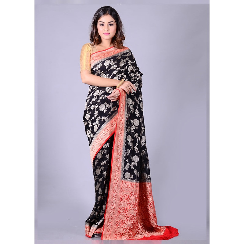 Black Chiffon Pure Silk Saree With Blouse Piece - JD986589113
