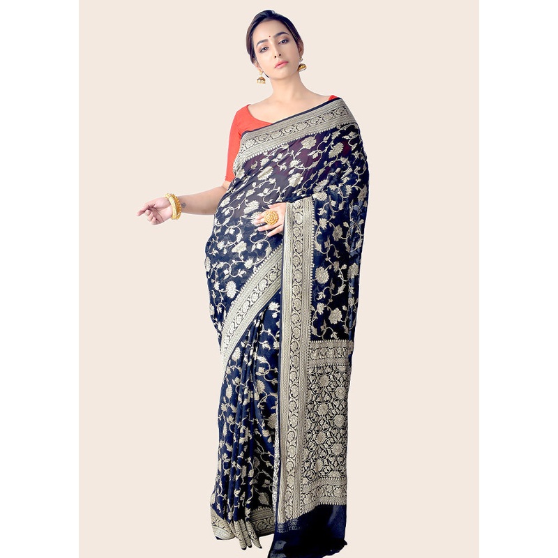 Black Chiffon Pure Silk Saree With Blouse Piece - JD986589115