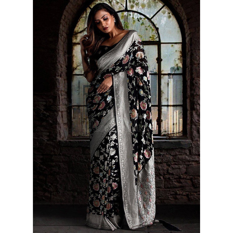Black Chiffon Pure Silk Saree With Blouse Piece - JD986589116