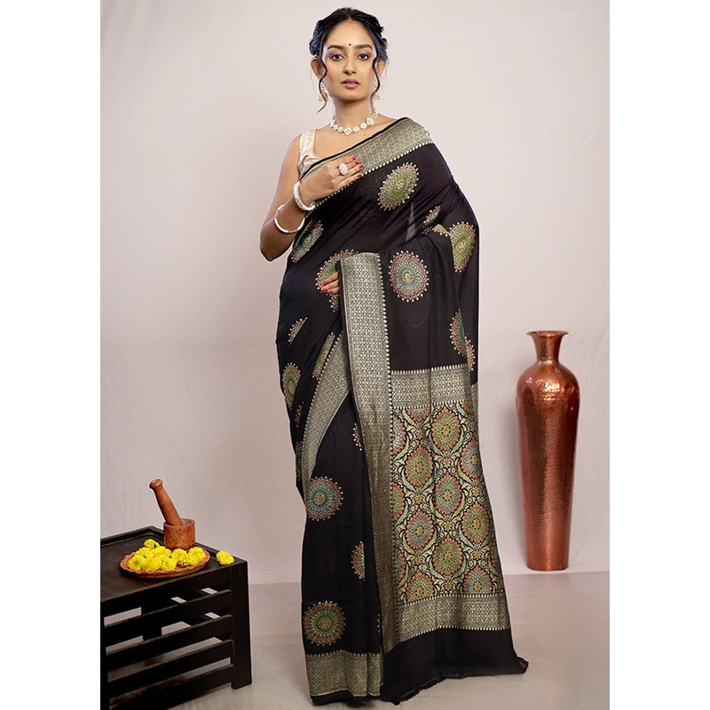 Black Chiffon Pure Silk Saree With Blouse Piece - JD986589117