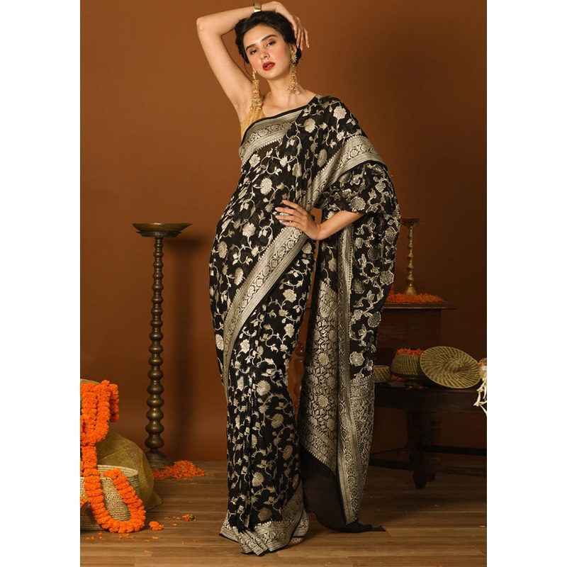 Black Chiffon Pure Silk Saree With Blouse Piece - JD986589118