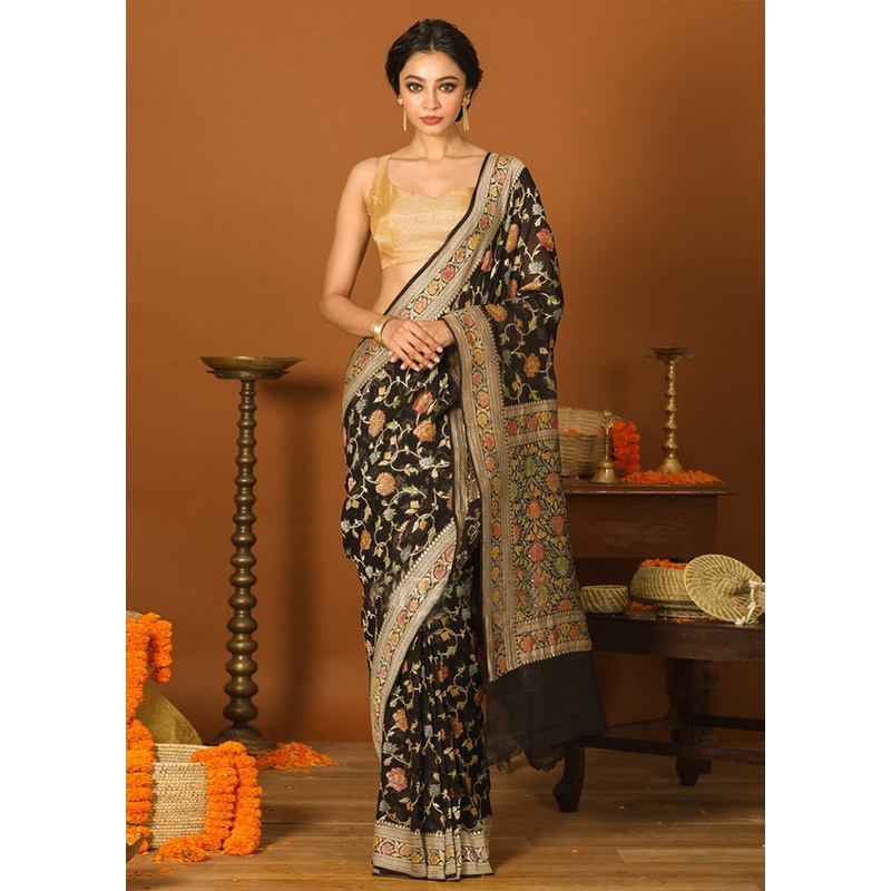 Black Chiffon Pure Silk Saree With Blouse Piece - JD986589119