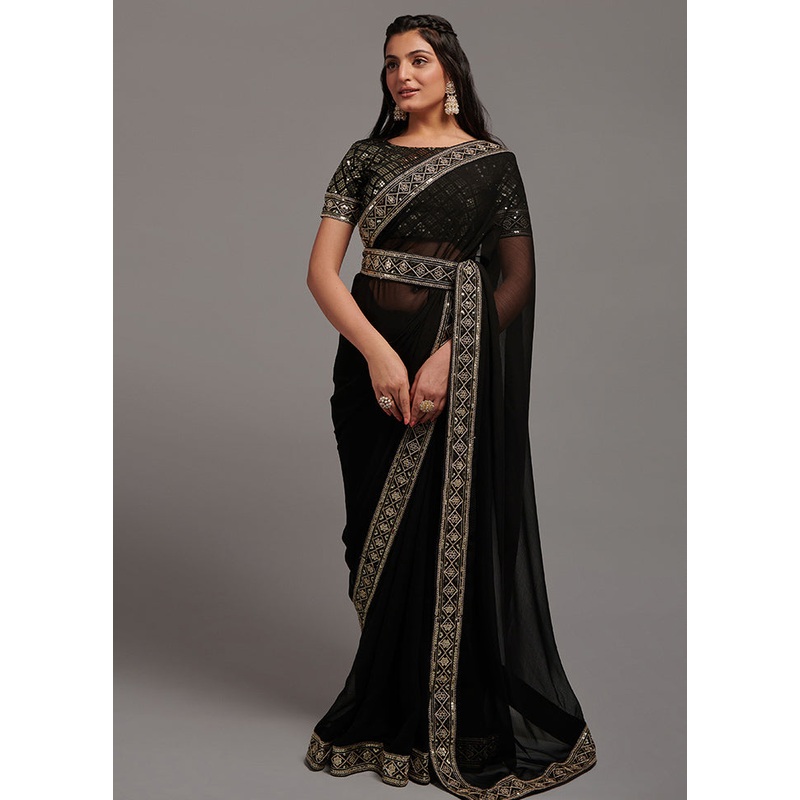 Black Chiffon Silk Saree With Blouse Piece - JD986589120