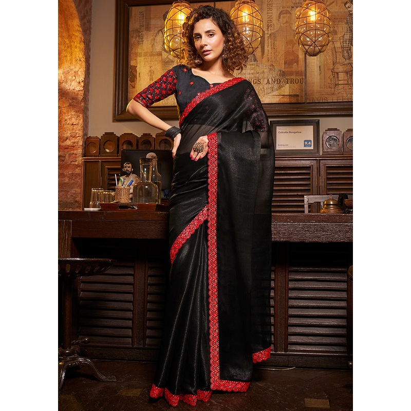 Black Chiffon Silk Saree With Blouse Piece - JD986589121
