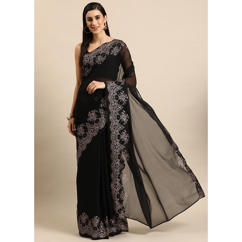 Black Chiffon Silk Saree With Blouse Piece - JD986589122
