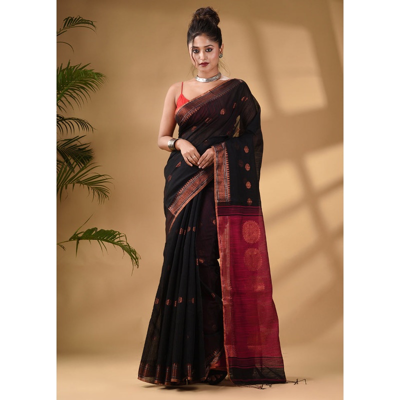 Black Cotton Saree With Blouse Piece - JD986589124
