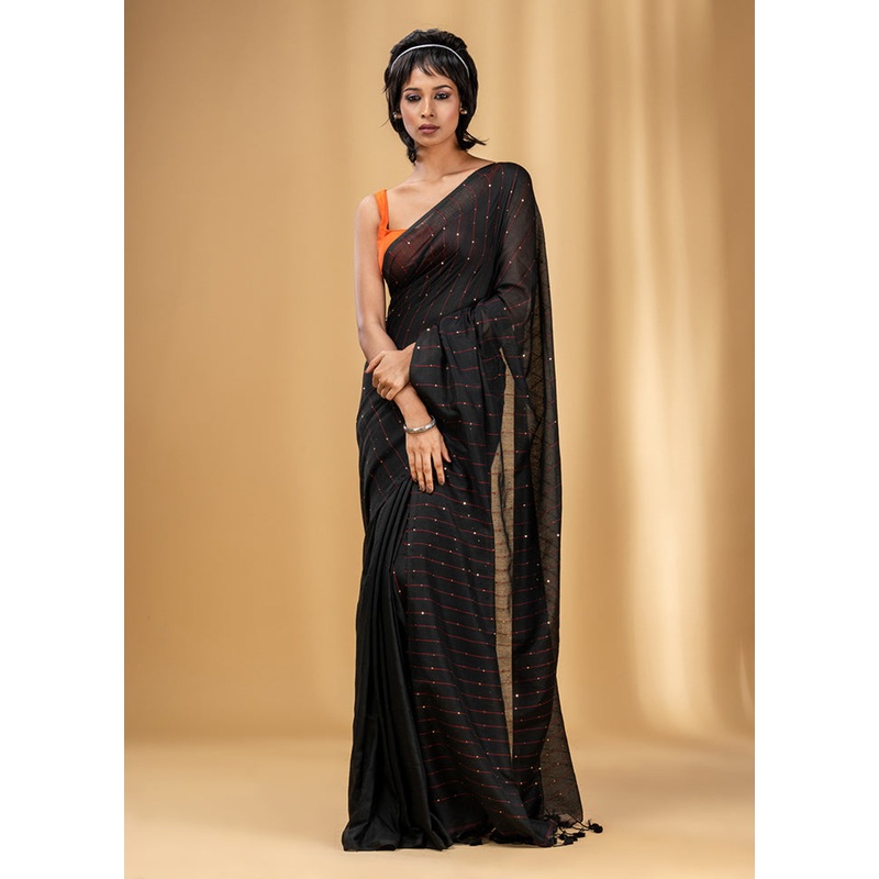 Black Cotton Saree With Blouse Piece - JD986589125