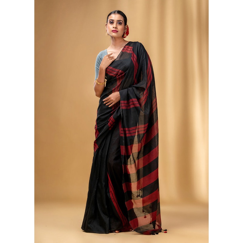 Black Cotton Saree With Blouse Piece - JD986589126