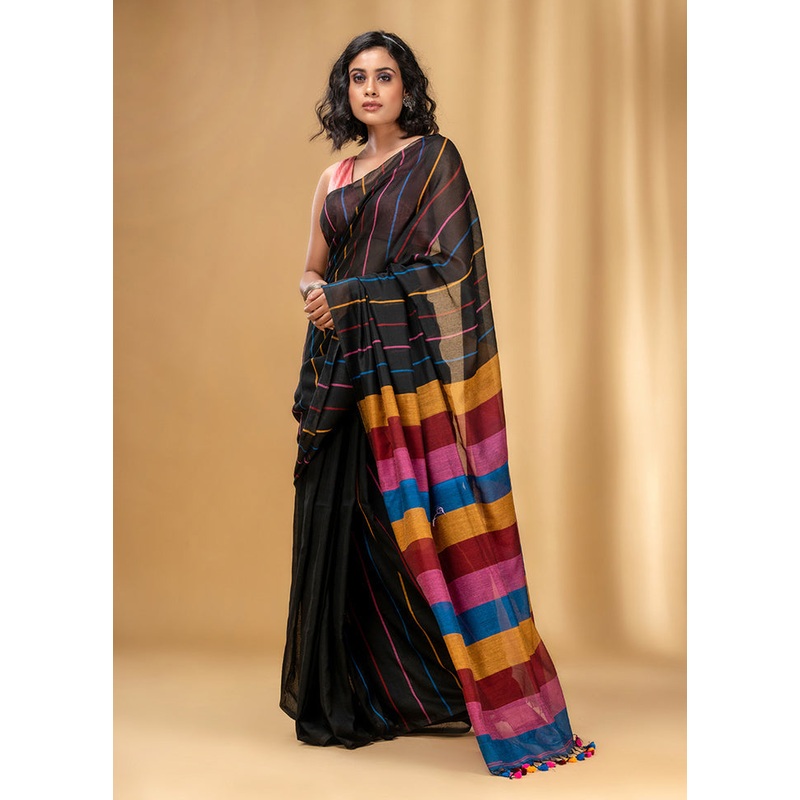 Black Cotton Saree With Blouse Piece - JD986589127