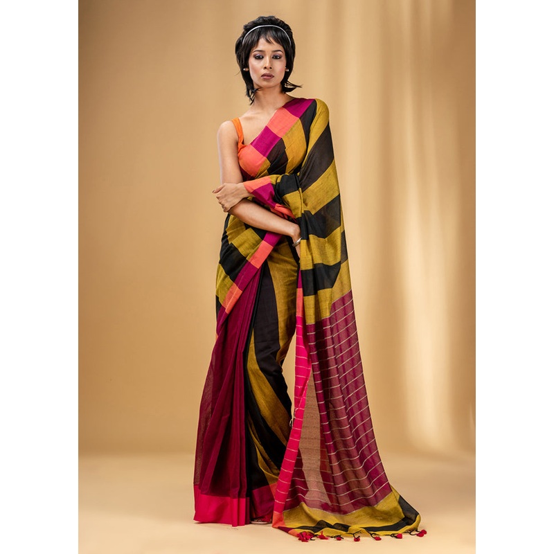 Black Cotton Saree With Blouse Piece - JD986589128