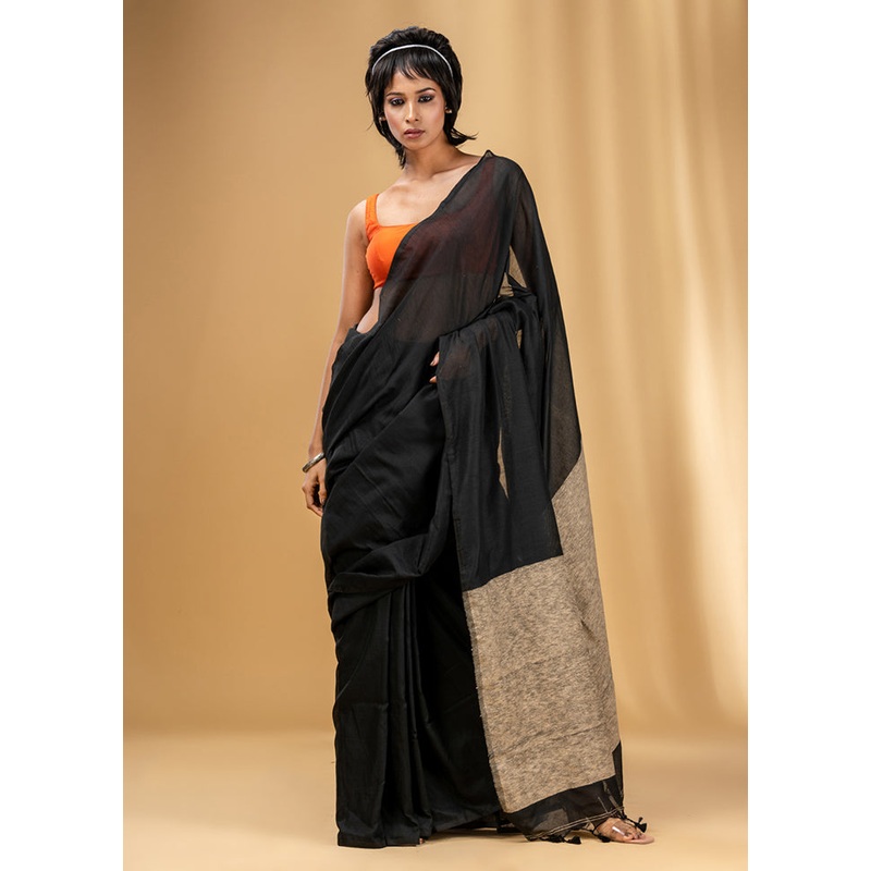 Black Cotton Saree With Blouse Piece - JD986589129