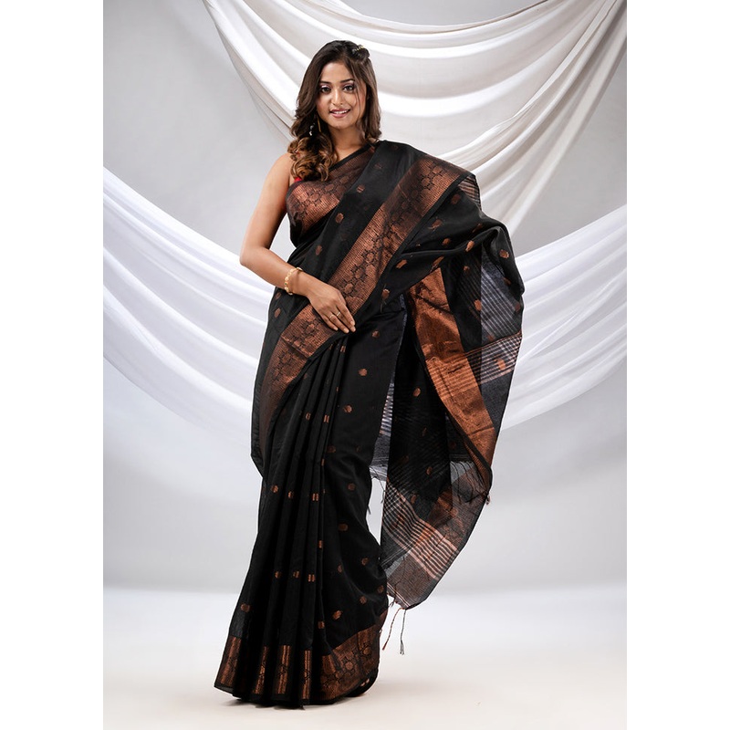 Black Cotton Saree With Blouse Piece - JD986589130