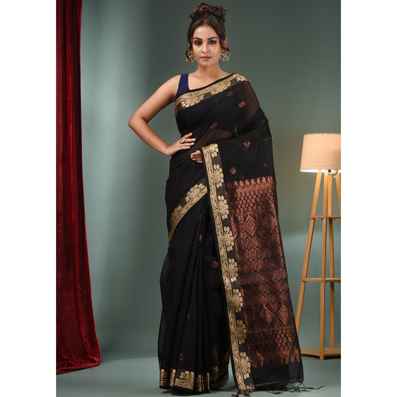 Black Cotton Saree With Blouse Piece - JD986589131