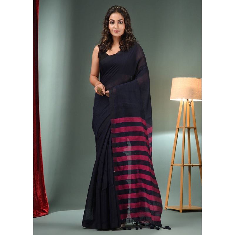 Black Cotton Saree With Blouse Piece - JD986589132