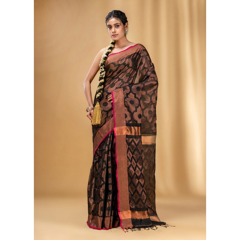 Black Cotton Saree With Blouse Piece - JD986589133