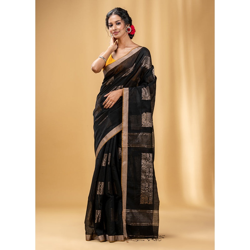 Black Cotton Saree With Blouse Piece - JD986589134