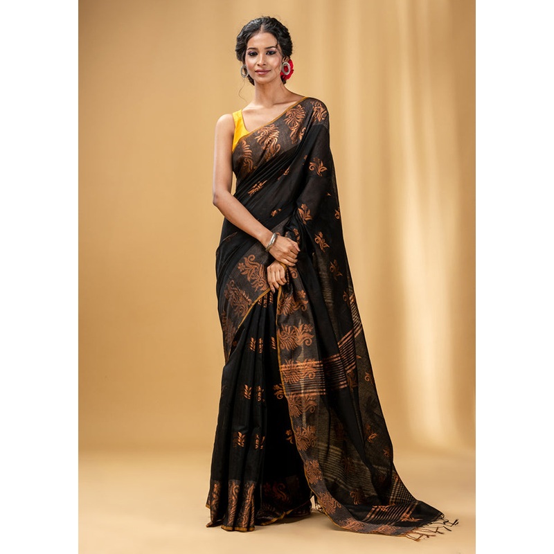 Black Cotton Saree With Blouse Piece - JD986589135