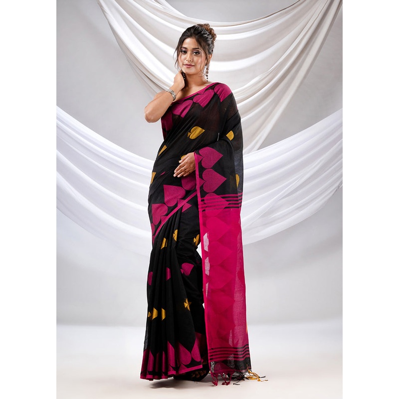 Black Cotton Saree With Blouse Piece - JD986589136