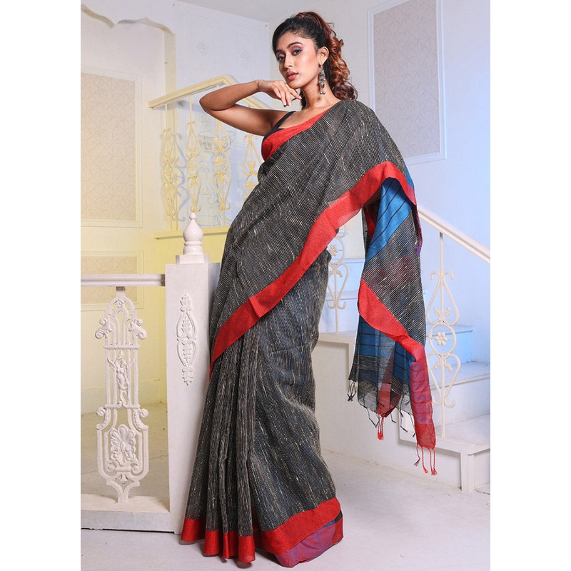 Black Cotton Saree With Blouse Piece - JD986589137