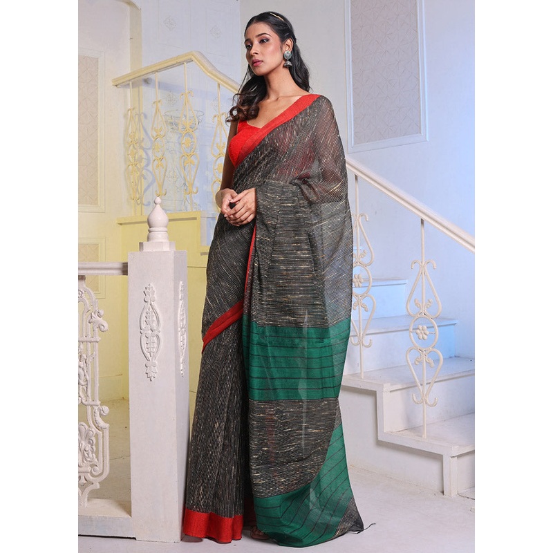 Black Cotton Saree With Blouse Piece - JD986589138